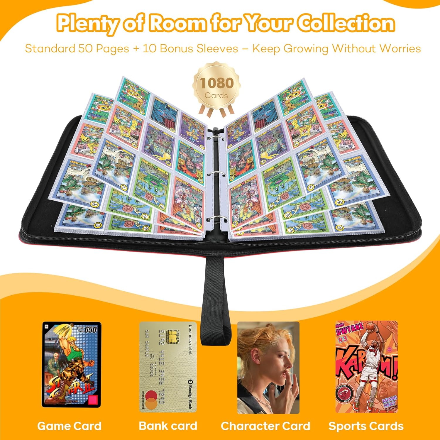 1080-Card Binder – 9-Pocket Trading Card Album with 60 Removable Double-Sided Transparent Pages, Black Zipper Case