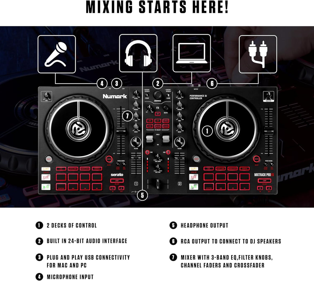 Mixtrack Pro FX DJ Controller | 2-Decks, 3-Band EQ DJ Mixer, 16 Pads, 2 Effects Paddles, Audio Interface, Serato DJ Lite