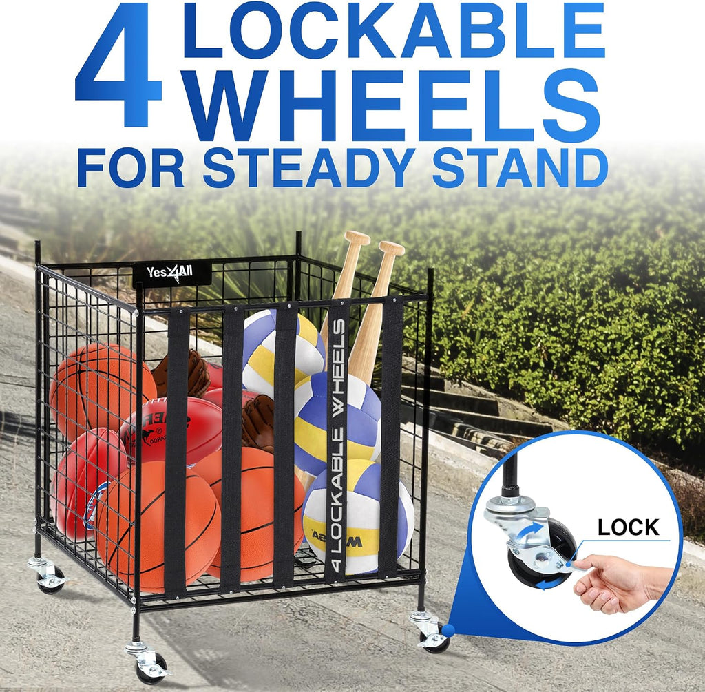 Rolling Ball Cart Storage with Lockable Wheels Volleyball Basketball Holder, Toy Balls Bin, Garage Cage, Storage