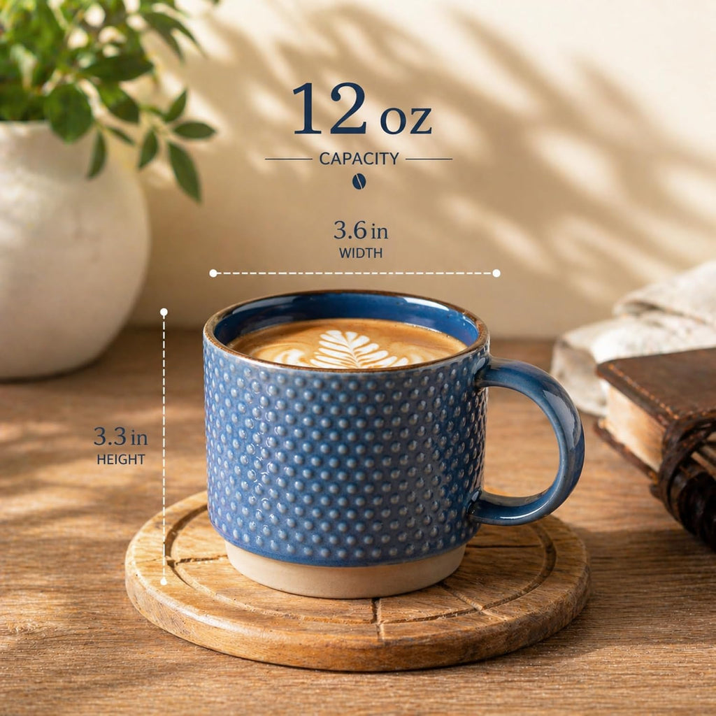 12 OZ Stackable Coffee Mugs, Ceramic Coffee Mugs with Texture Patterns for Man,Woman,Dad,Mom, Modern Coffee Cups Set