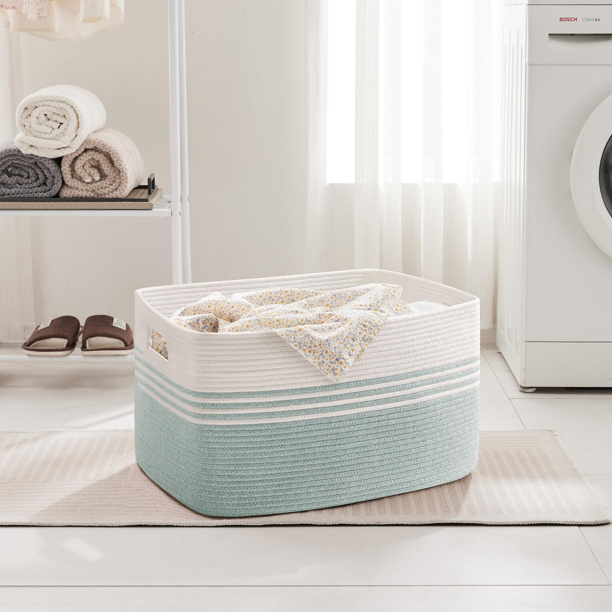 60L Woven Laundry Basket Hamper with Handles, Green