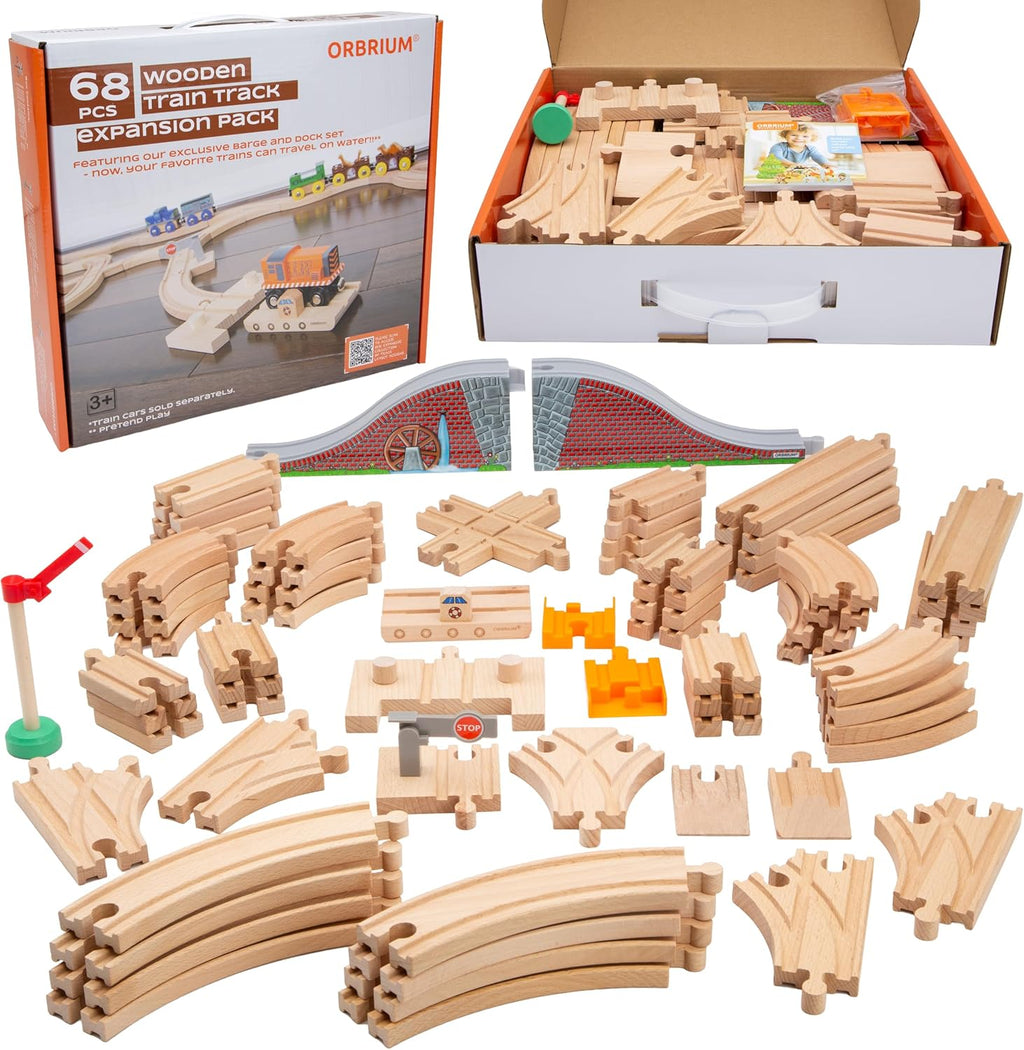 Wooden Train Tracks 68 Piece Expansion Pack Accessories with Arched Bridge, Engine Barge, Dock, Stop & Go Checkpoint