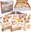 Wooden Train Tracks 68 Piece Expansion Pack Accessories with Arched Bridge, Engine Barge, Dock, Stop & Go Checkpoint
