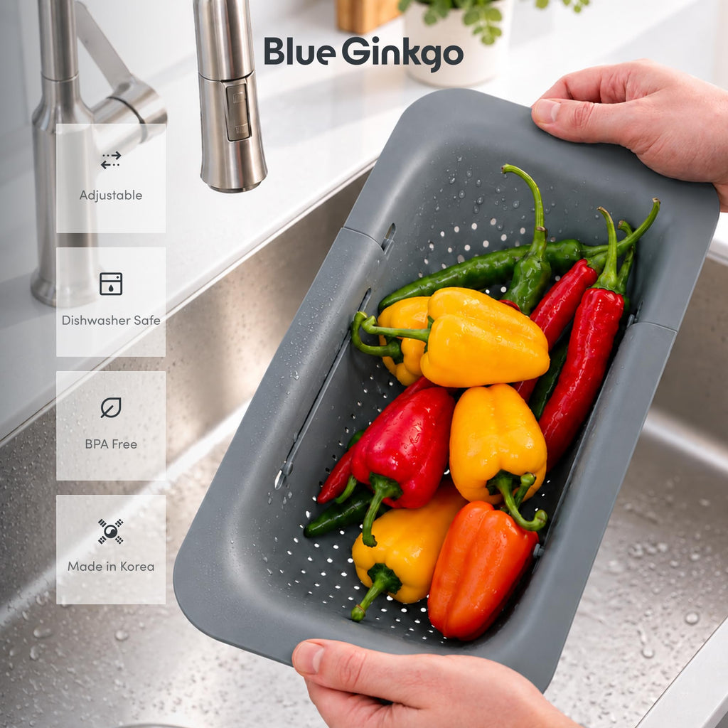 Blue Ginkgo Over Sink Colander, Extendable Kitchen Strainer, 2-Pack, Mix
