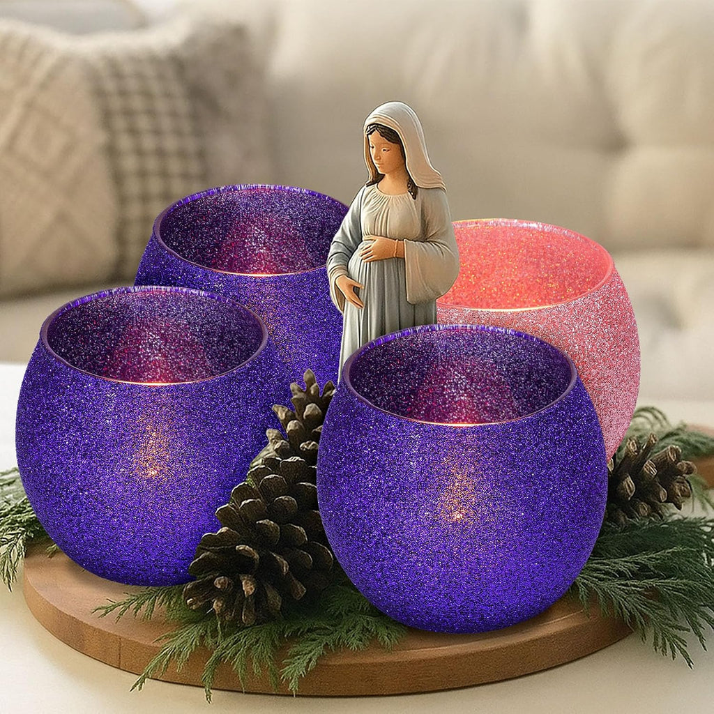 4 Set Christmas Advent Candle Holders Glass Glitter Tealight