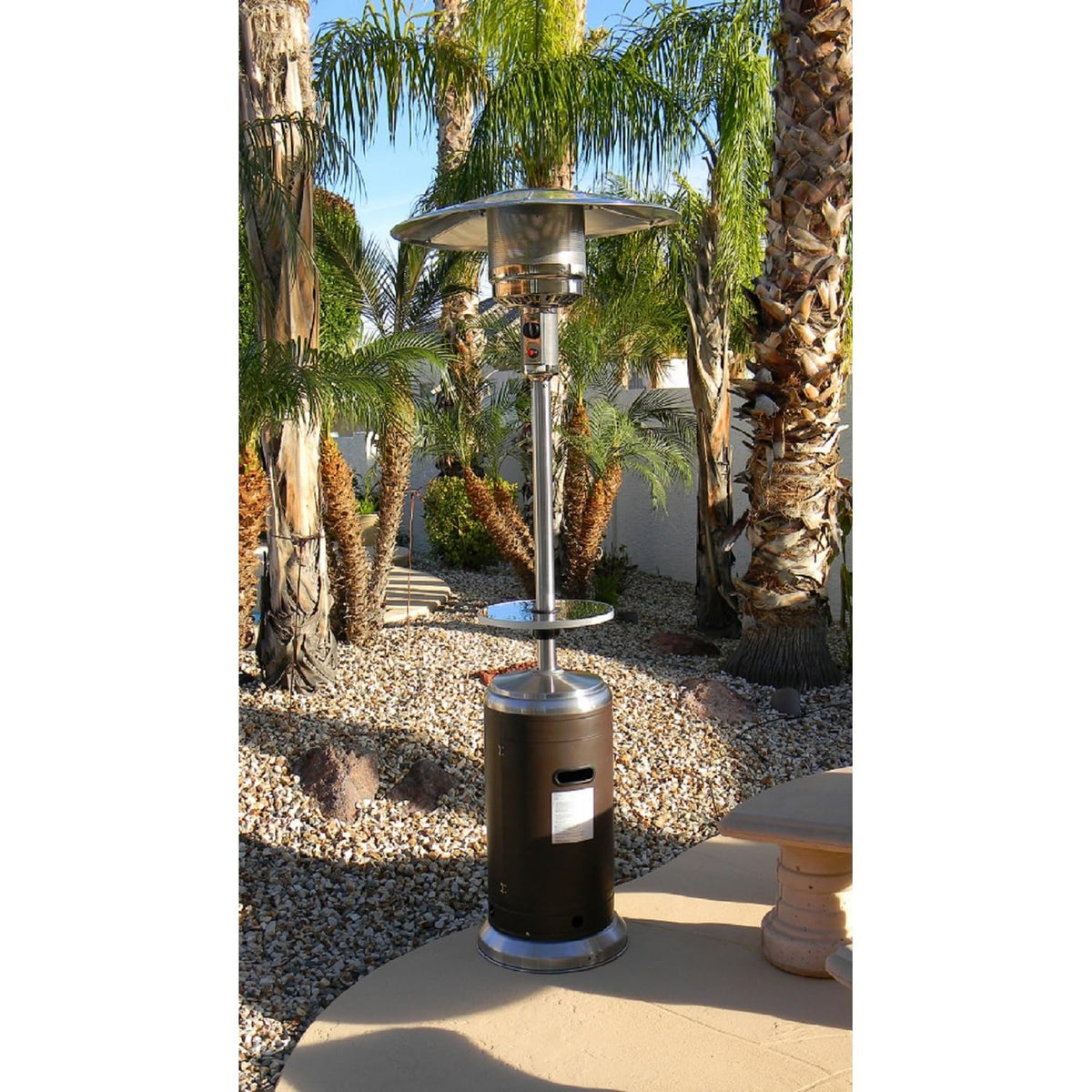 HLDS01-SSHGT 48,000 BTU Propane Patio Heater with Wheels and Table, Large, Hammered Bronze/SS