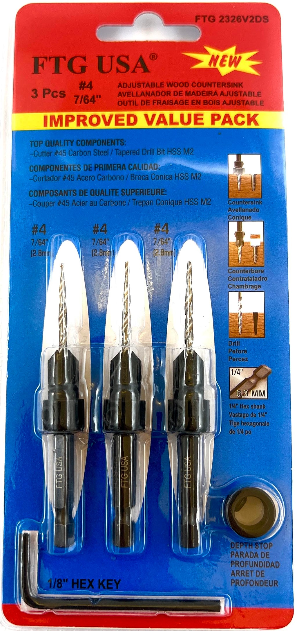 FTG USA 3 Pc #4 (7/64") Countersink Drill Bit Set with Tapered Drill Bits