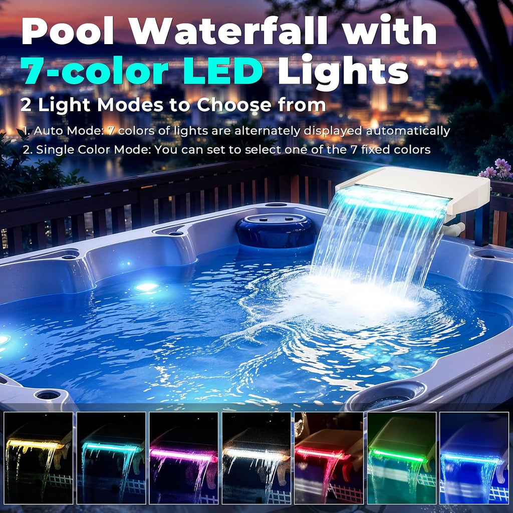 LED Pool Fountain Waterfall for Above Ground Pools, 7 Different Lighting Colors, Smooth Flowing Pool Waterfall