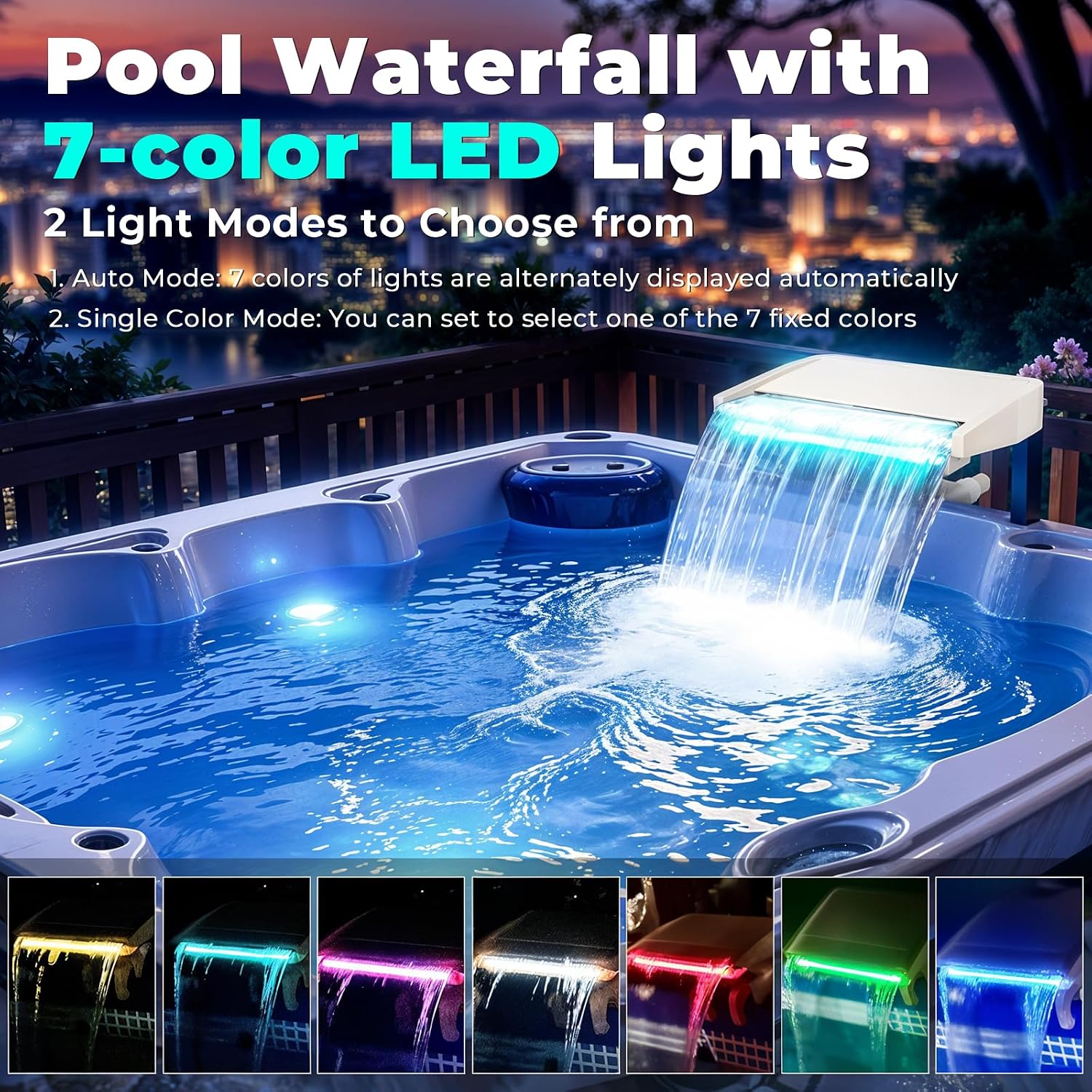 LED Pool Fountain Waterfall for Above Ground Pools, 7 Different Lighting Colors, Smooth Flowing Pool Waterfall