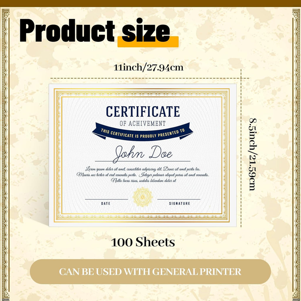 100 Sheet Foil Border Certificate Paper 8.5 x 11 Inch for Printing Blank Customizable Award Certificates Paper for