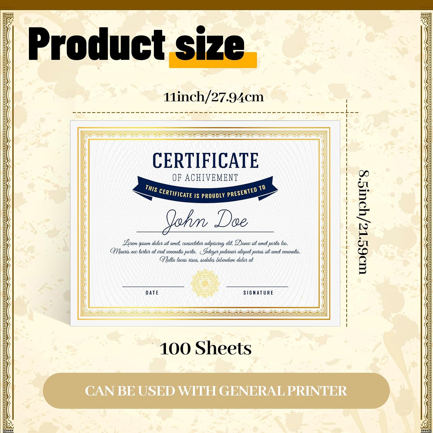 100 Sheet Foil Border Certificate Paper 8.5 x 11 Inch for Printing Blank Customizable Award Certificates Paper for
