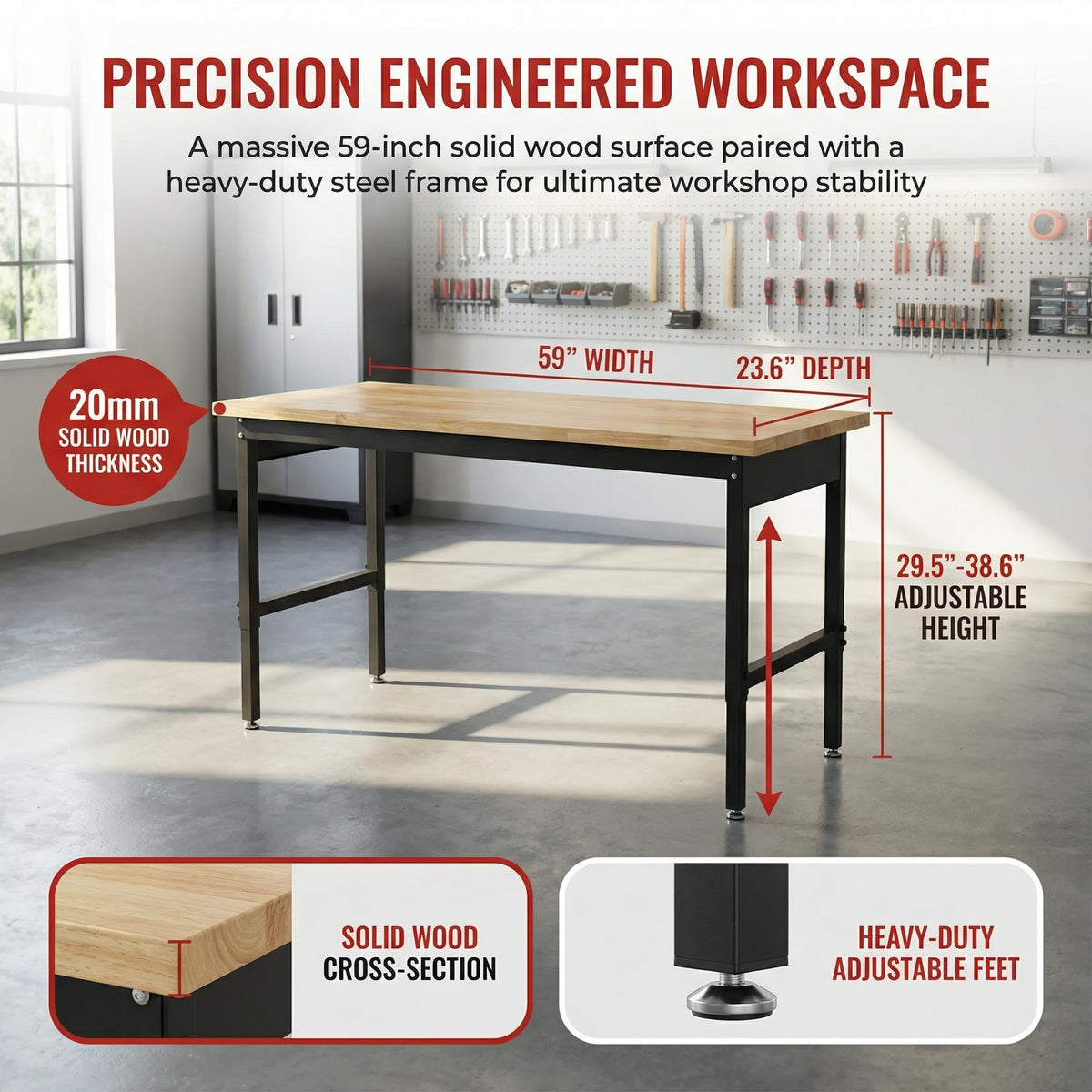 60 Inch Adjustable Workbench for Garage Workshop 29.5-38.6 Inches