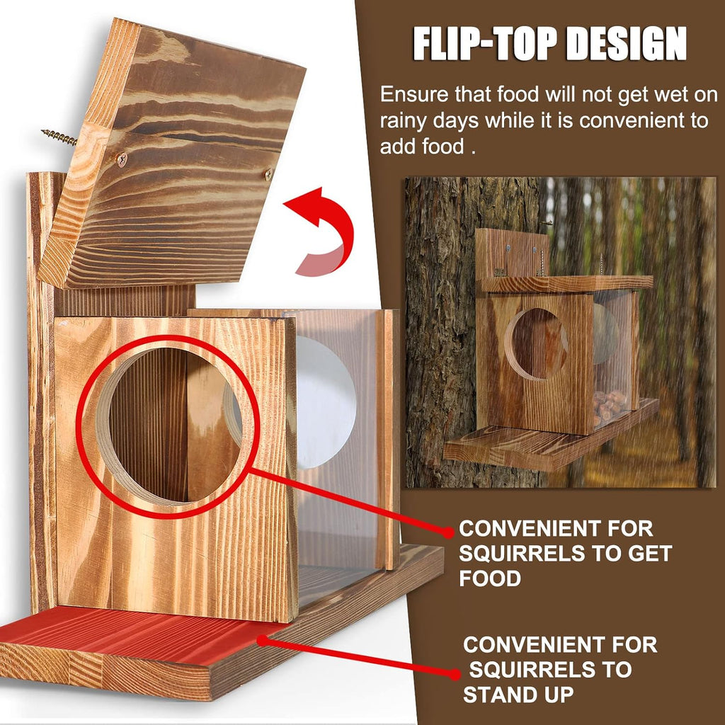 Carbonized Wood Squirrel Feeder, Squirrel Feeders for Outside Winter, Durable Squrrill House Box Easy to Fill with