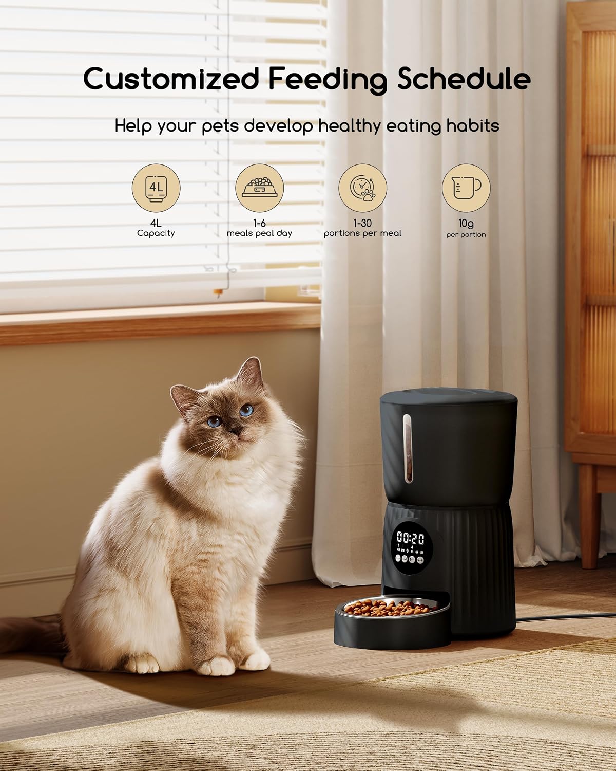 Automatic Cat Feeder, 4L Cat Food Dispenser with Portion Control, 1-6 Meals Per Day, 10s Voice Recording, Slow Feed