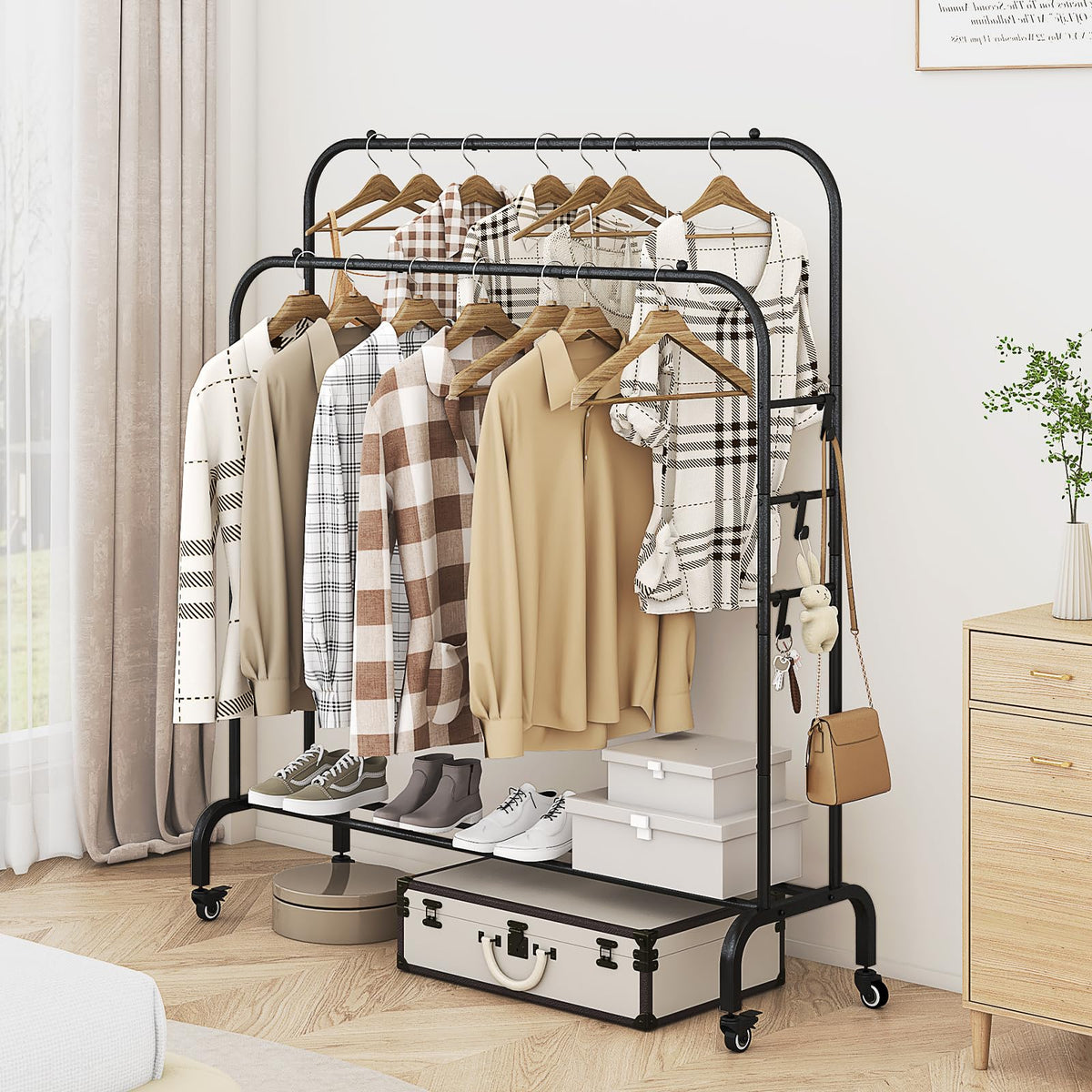 Clothes Rack with Lockable Wheels Double Rods Metal Garment Racks