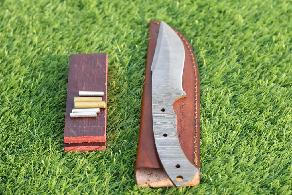 Damascus Steel Knife Making Kit Includes Knife Blade Blank, Pins, Wooden Handle Scales for Knife Making Supplies &