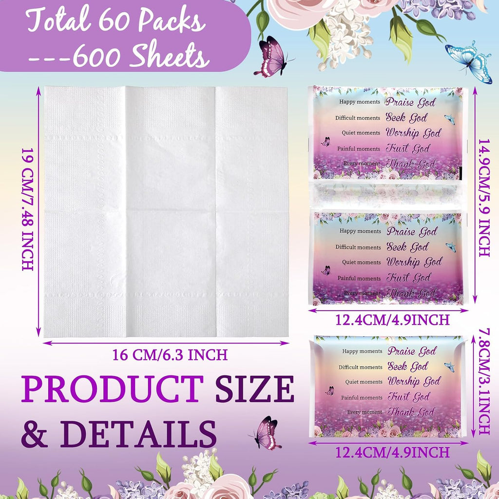 60 Pack Pocket Tissues Travel Christian,3 Ply,Butterfly