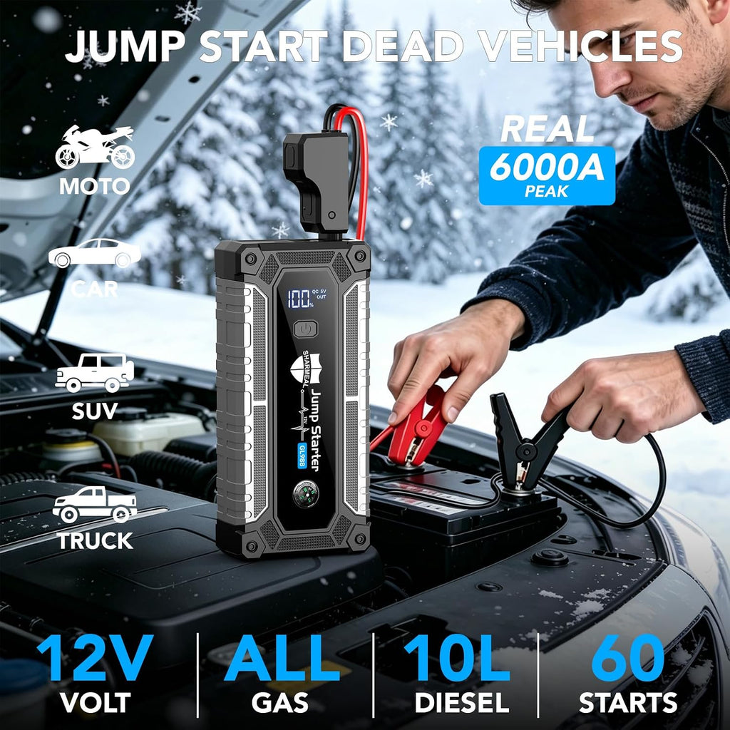 6000A Jump Starter, Portable Jump Starters 12V Car Battery Booster Jump Box Pack for All Gas & 10.0L Diesel Engines