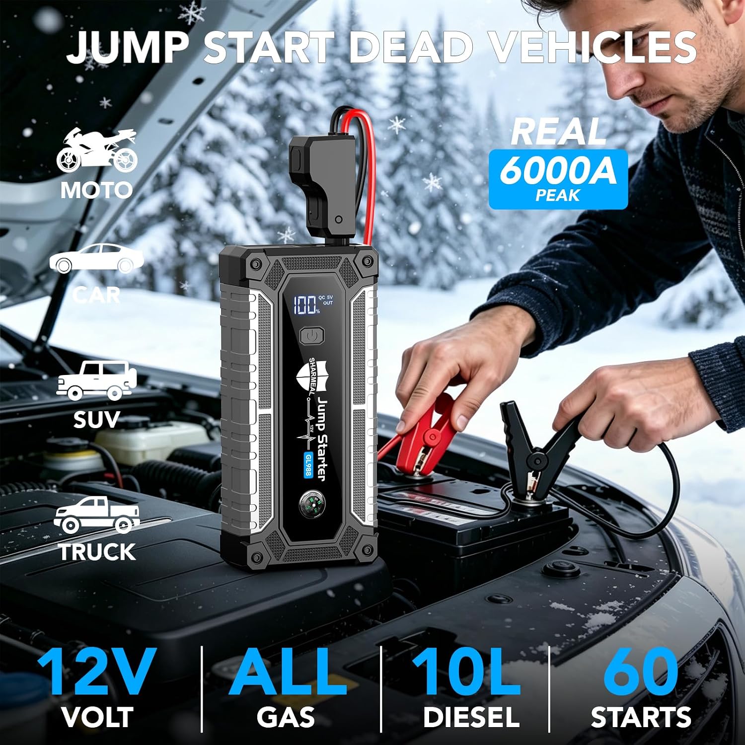 6000A Jump Starter, Portable Jump Starters 12V Car Battery Booster Jump Box Pack for All Gas & 10.0L Diesel Engines