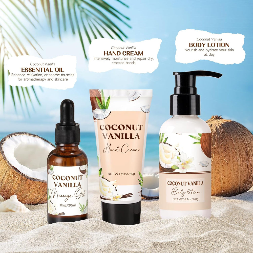 Spa Gift Baskets for Women, Vanilla Coconut Bath and Body Gifts Set for Women, Home Spa Self Care Gift, Relaxing Bath