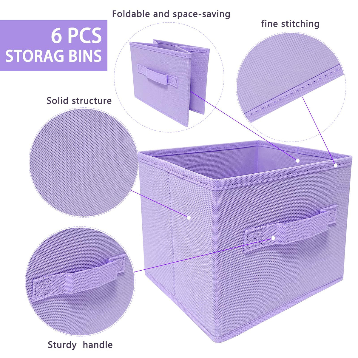 Purple Storage Bins [3 Pack] 9.0"x7.5"x7.5",Mini Storage Box Fabirc Foldable Closet Toy Organizer Collapsible Cloth