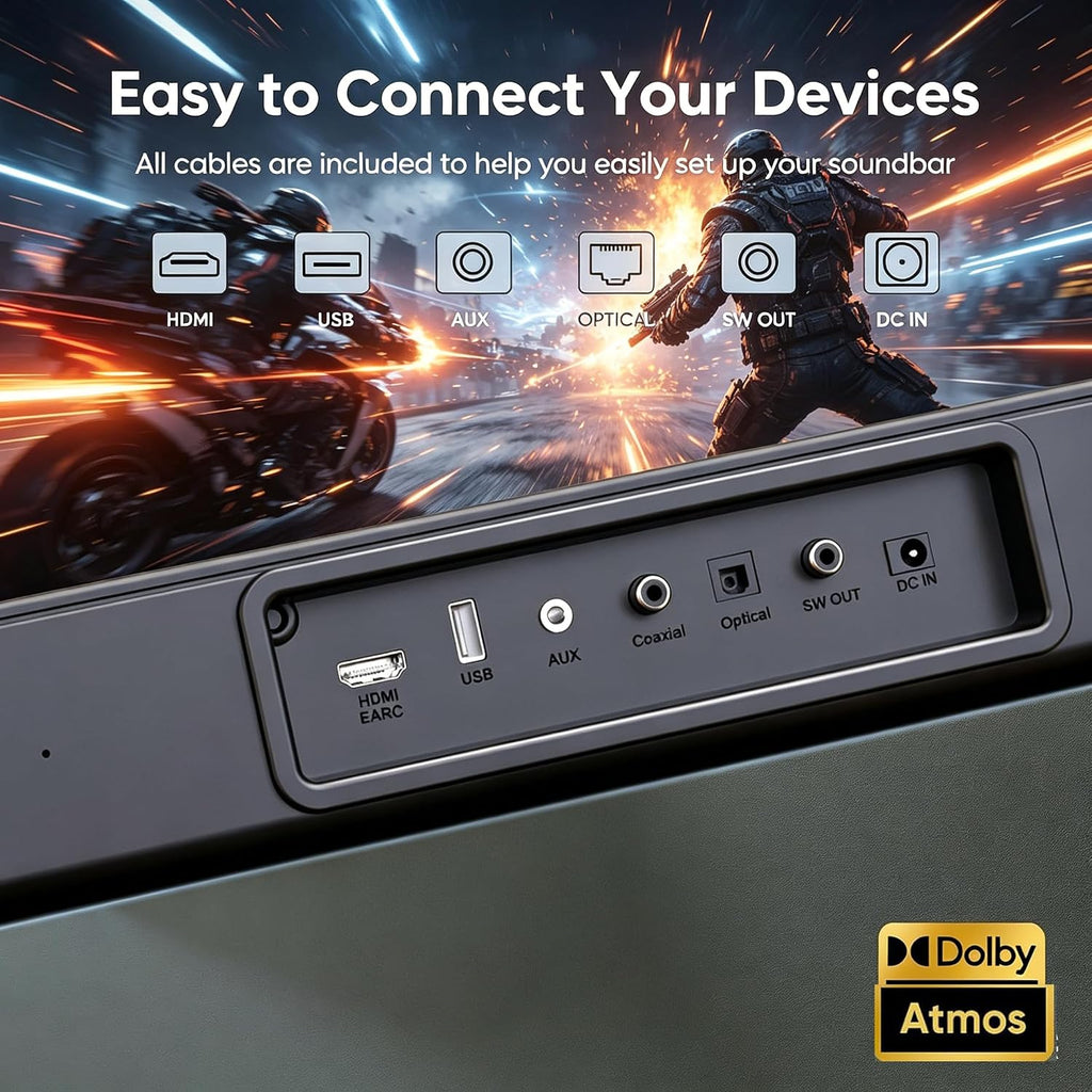 2.1 CH Sound bar with Subwoofers, 100W Sound Bar for Smart TV, Dolby Atmos Surround Sound System, Adjustable Home