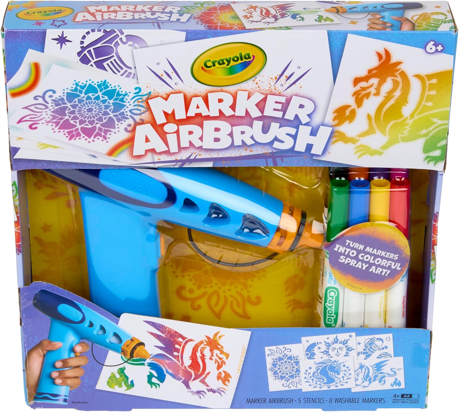 Marker Airbrush Spray Art Kit, 8 Washable Markers, 5 Stencils | Arts & Crafts Toys for Kids, Birthday, Holiday Gifts