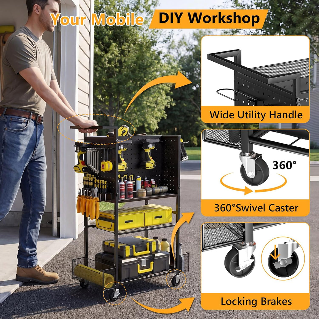 Tool Cart on Wheels, 4-Tier Metal Rolling Utility Cart with Pegboard & Storage Baskets, 242.5 lbs Heavy Duty Tool