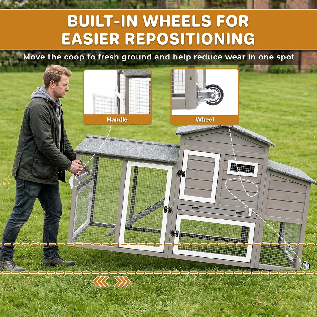 67.4" Mobile Chicken Coop with Wheels & Run for 2-3 Chickens
