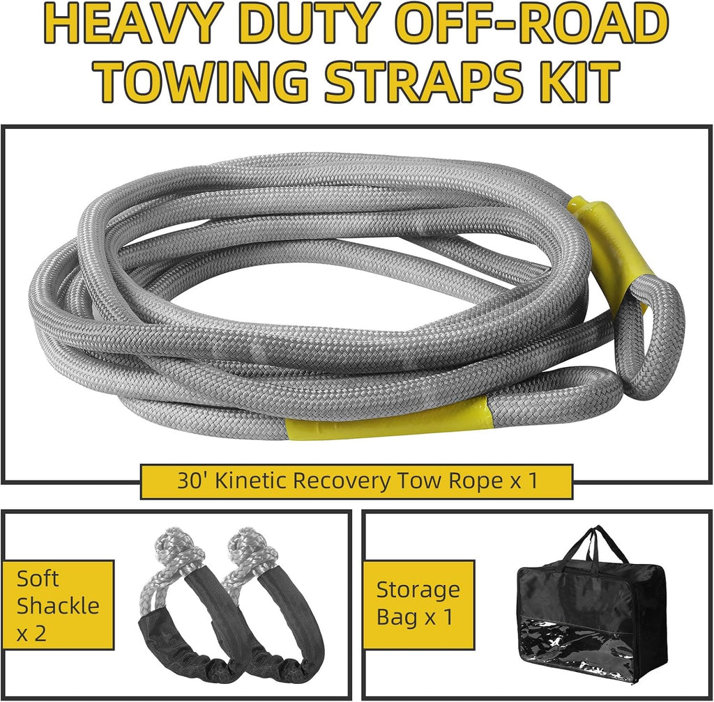 1" x 30' Kinetic Recovery Tow Rope (48,500lbs) with 2 Soft Shackles (56,000 lbs), Heavy Duty Offroad Towing Straps