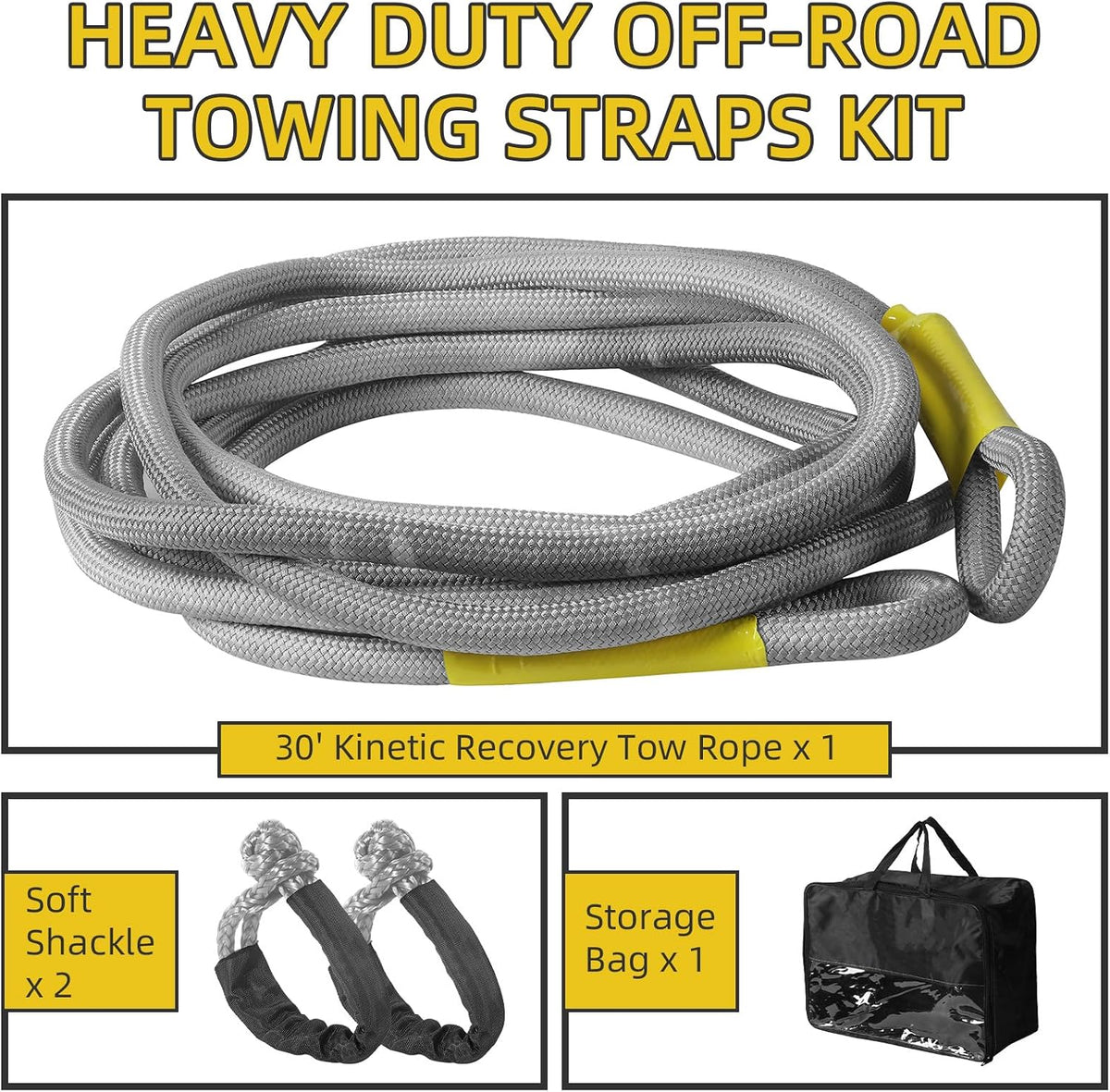 1" x 30' Kinetic Recovery Tow Rope (48,500lbs) with 2 Soft Shackles (56,000 lbs), Heavy Duty Offroad Towing Straps