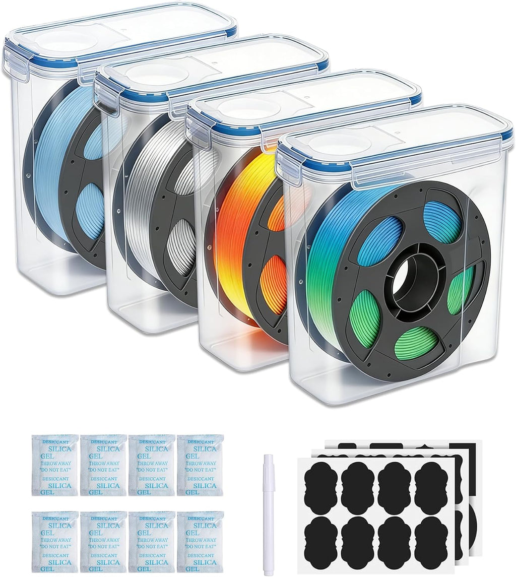 Filament Storage Box 4 Pack with Desiccants, Labels for 3D Printing | Silicone Sealed Storage Container Airtight