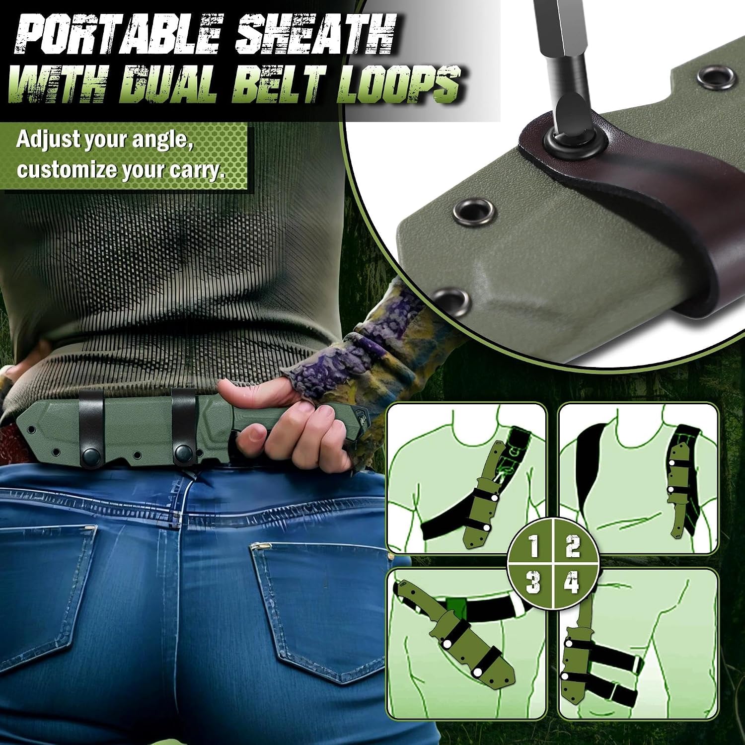 Fixed Blade Knife - Full Tang Handle Green | Portable Sheath with Belt buckle