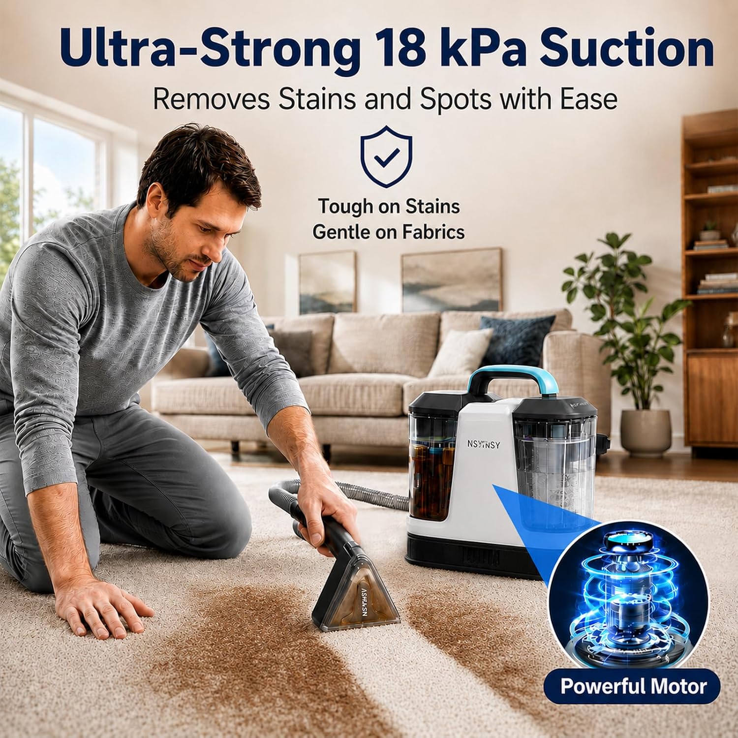 Portable Carpet Upholstery Cleaner for Furniture, Pet Stains, Car Interiors | Powerful Suction, Faster Drying, Deep