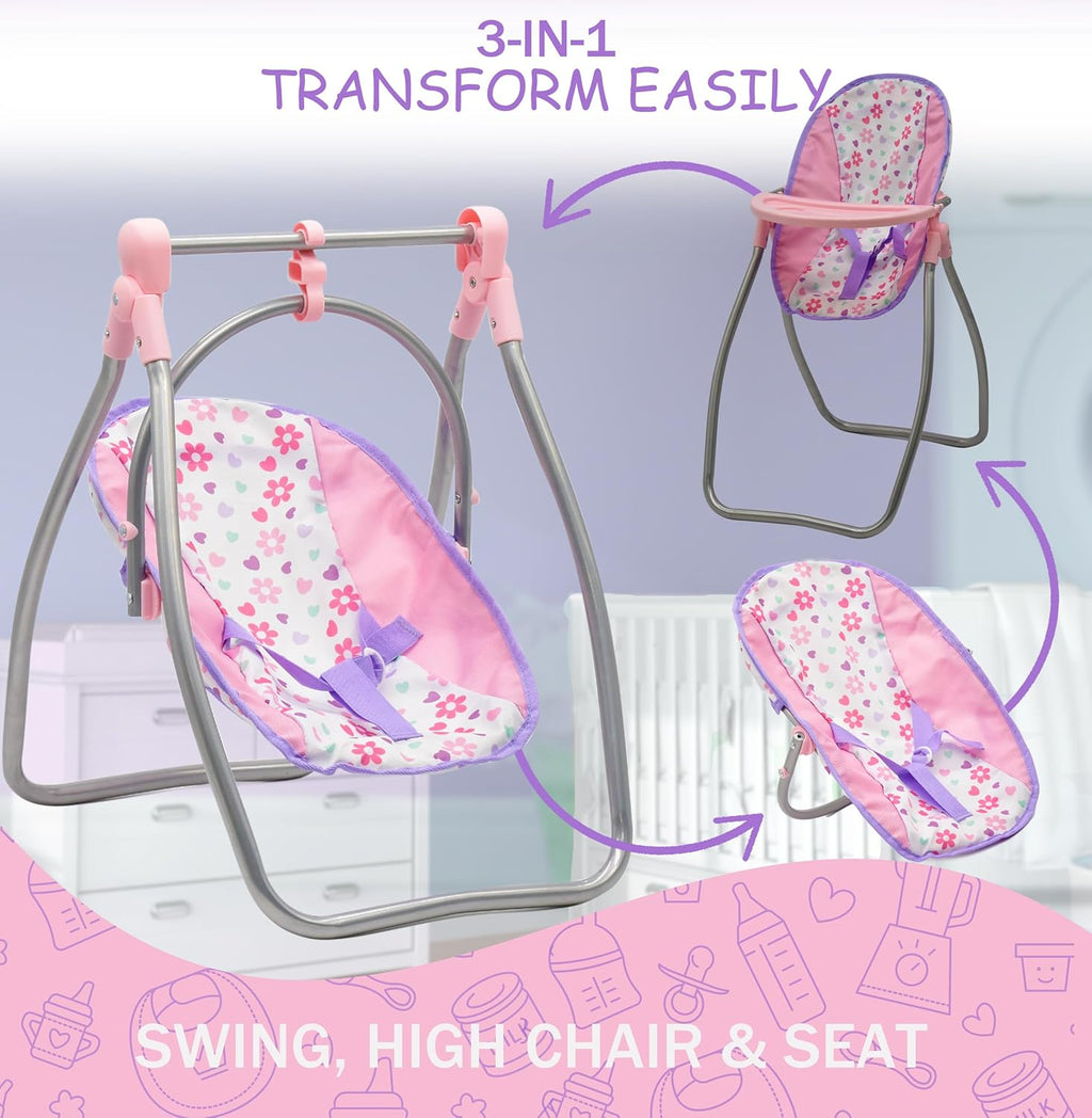 Baby Doll Stroller Bed and Swing Nursery Playset, Baby Doll Accessories Furniture Set Convertible High Chair Diaper