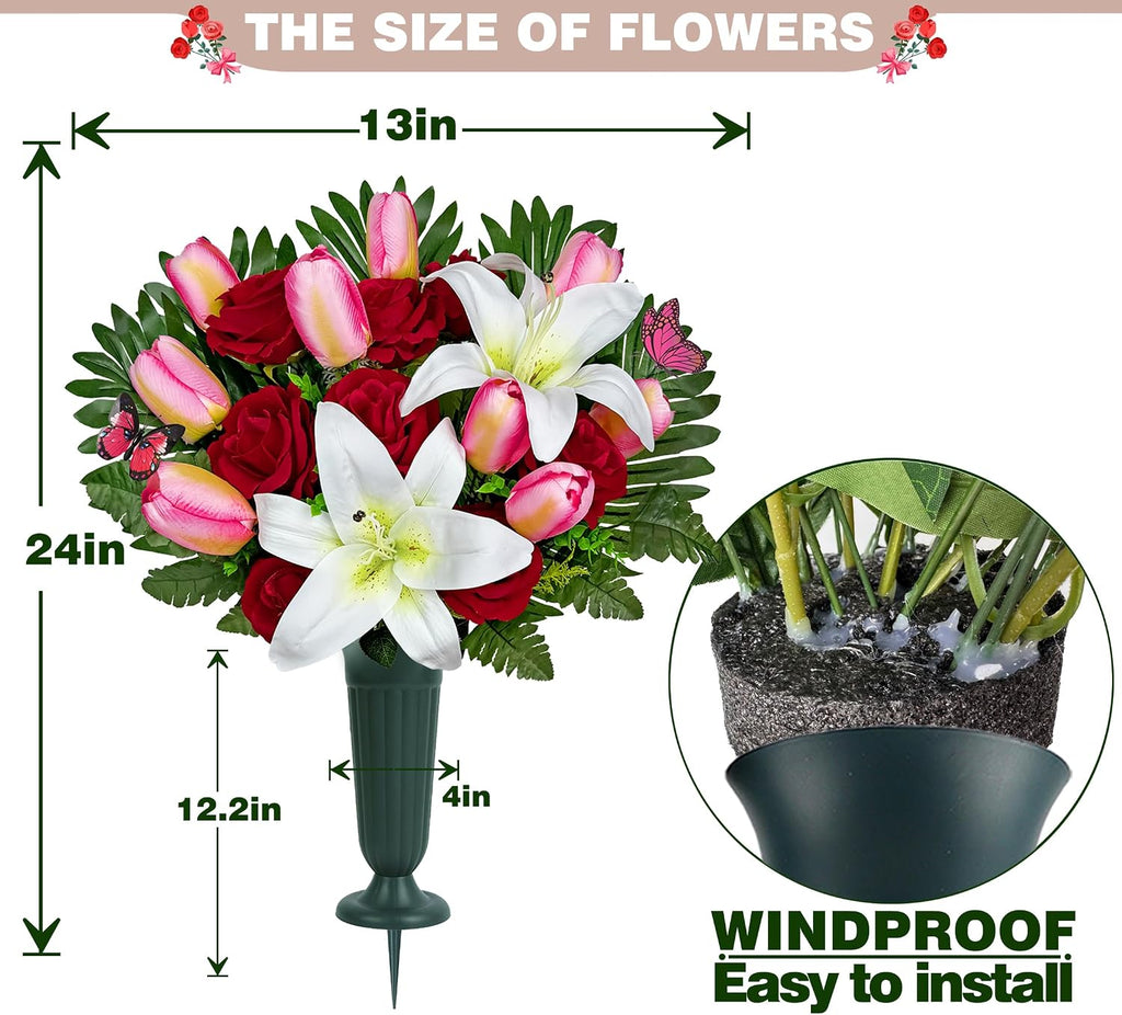 Artificial Cemetery Flowers – Realistic Silk Flower Outdoor Grave Decorations,Headstone Flower Saddle, Non-Bleed