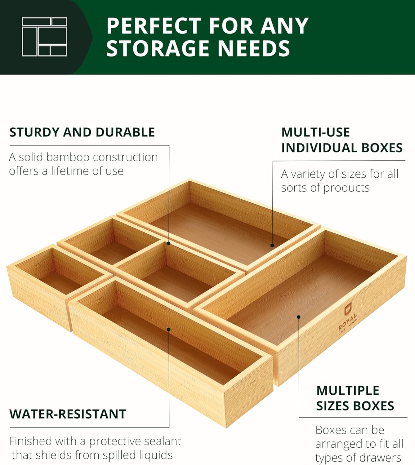 5-Piece Bamboo Drawer Organizer Set – Multi-Use Storage Trays for Kitchen, Bathroom, Office, Makeup, Jewelry & More –
