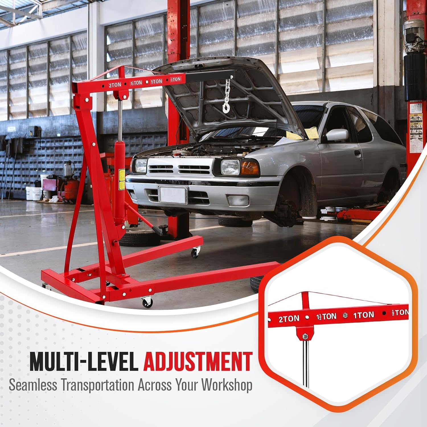 2-Ton Folding Engine Hoist with Leveler, 4400 Lbs Capacity