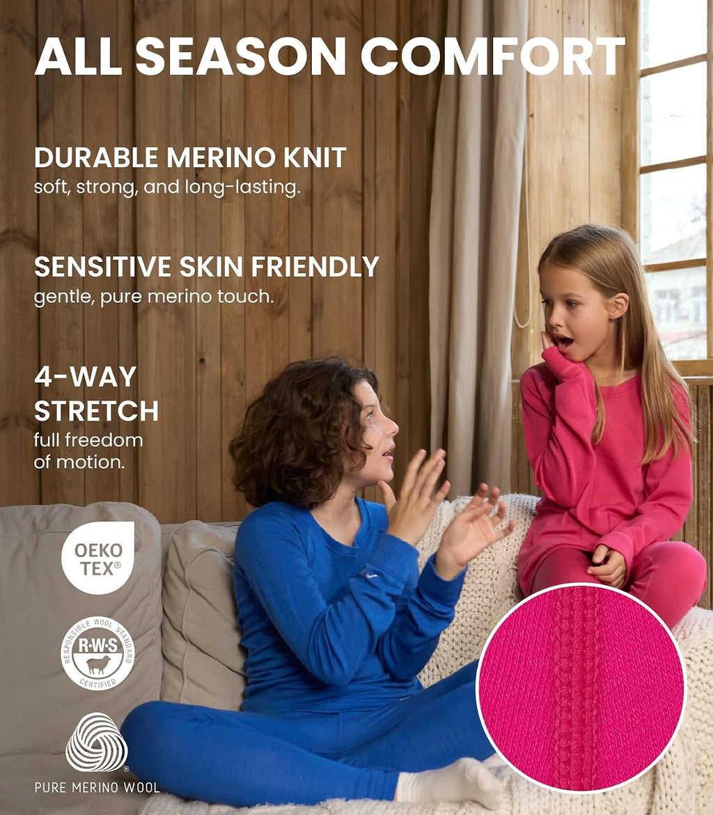 100% Merino Wool Base Layer Kids, Midweight Long Johns, Kids Thermal Pants | Soft, Non-Itchy, Midweight 250 GSM