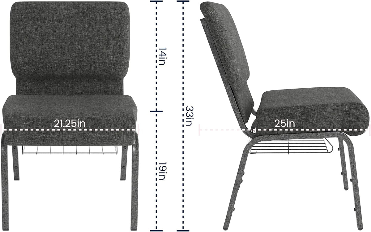 HERCULES Series 21''W Church Chair in Dark Gray Fabric with Book Rack - Silver Vein Frame