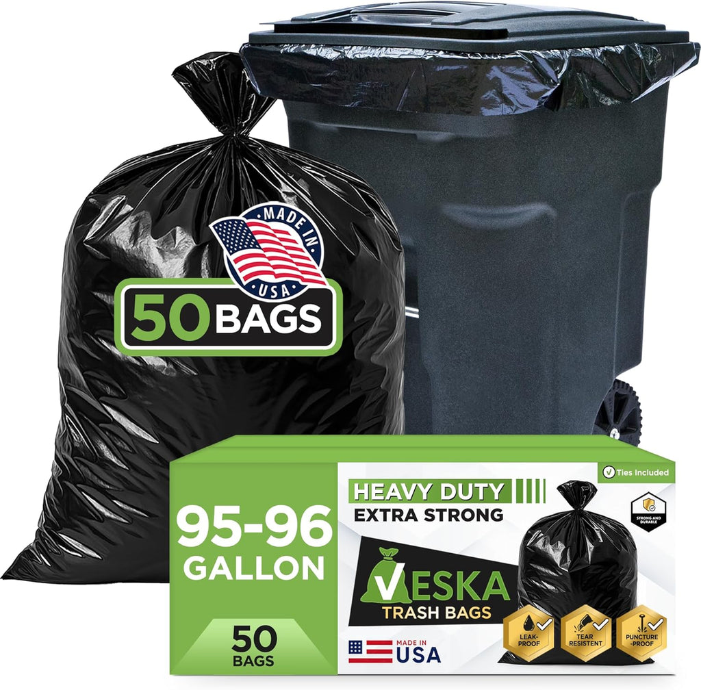 95-96 Gallon Trash Bags Heavy Duty (Huge 50 Bags W/Ties) 95-96 Gallon Trash Bags Large Black Heavy Duty Can Liners