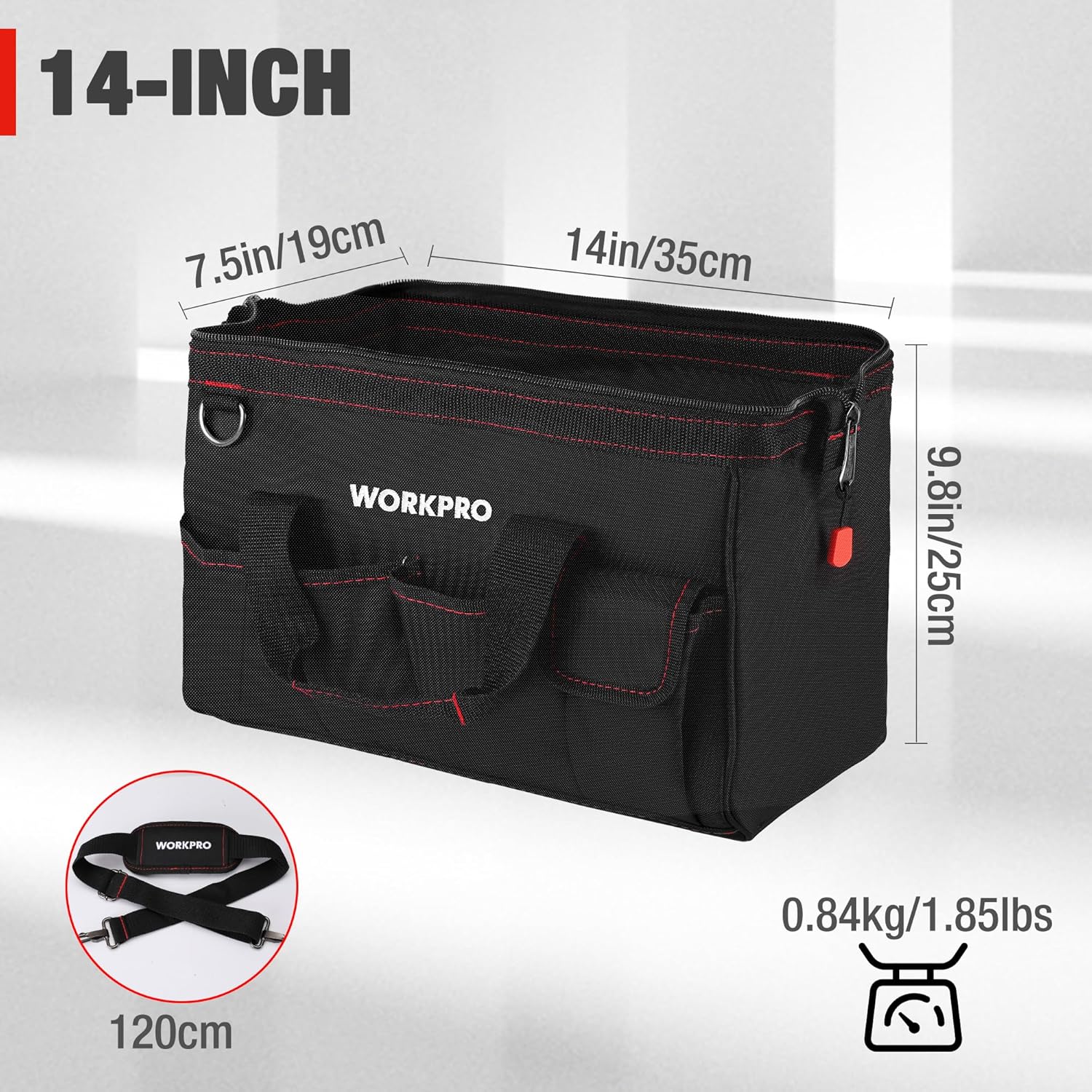 14-inch Tool Bag, Multi-pocket Tool Organizer with Adjustable Shoulder Strap, W081021A , black