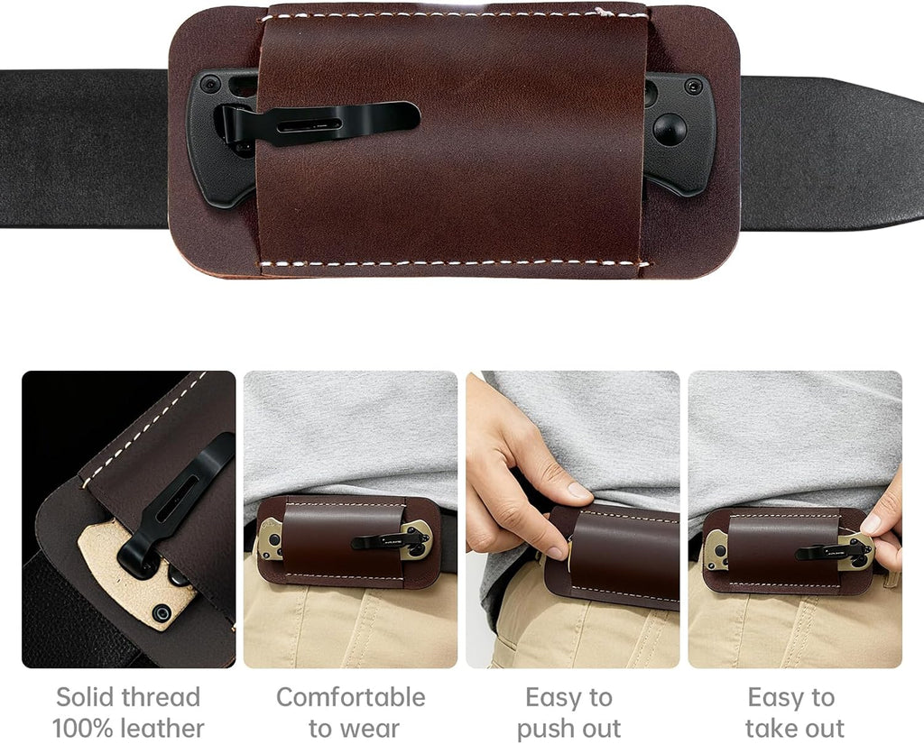 Leather Knife Sheath for Belt, Horizontal Carry Pocket Knife Holder, EDC Belt Pouch for Pocket Folding Knives, Darkbrown