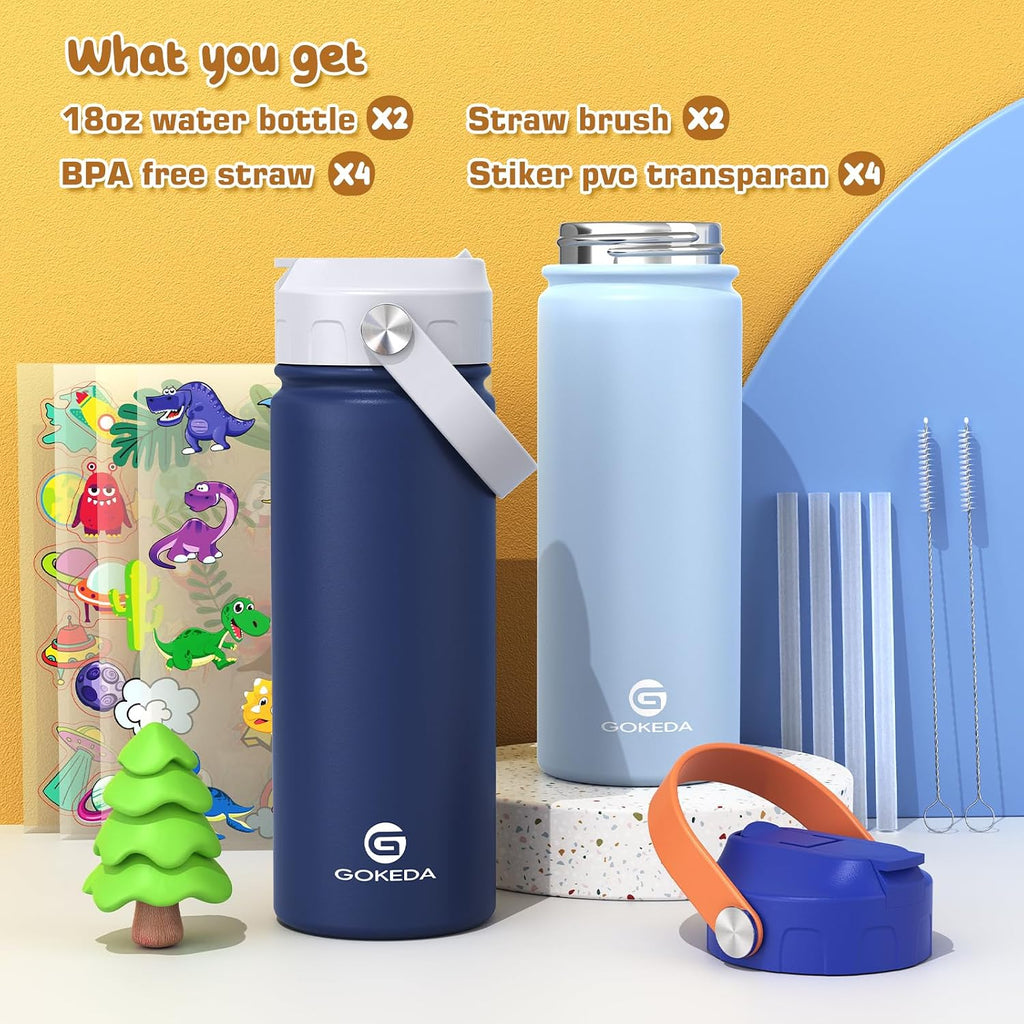 18oz Kids Water Bottle, 2 Pack Stainless Steel Straw Cup | DIY Stickers, BPA-Free, Stainless Steel, Keeps Cold 24h