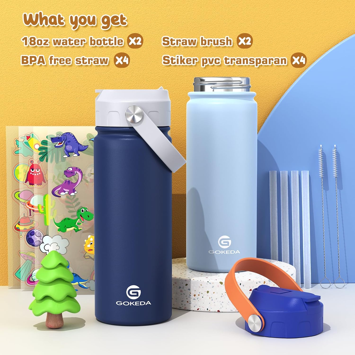 18oz Kids Water Bottle, 2 Pack Stainless Steel Straw Cup | DIY Stickers, BPA-Free, Stainless Steel, Keeps Cold 24h