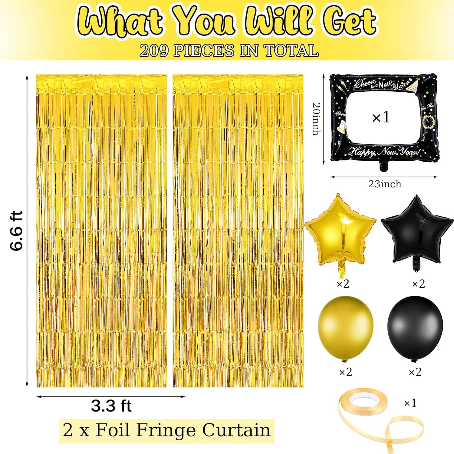 209 Pcs 2026 New Years Eve Party Supplies for 24 Guests Black Gold Tableware Set with Plates Napkins Plastic