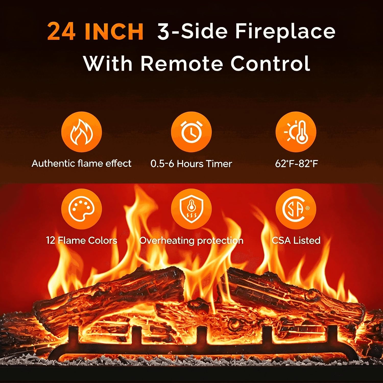 24" 3-Sided Electric Fireplace Insert, Wall-Mounted/Freestanding, 12 Flame Colors, 5 Brightness Levels, 8H Timer