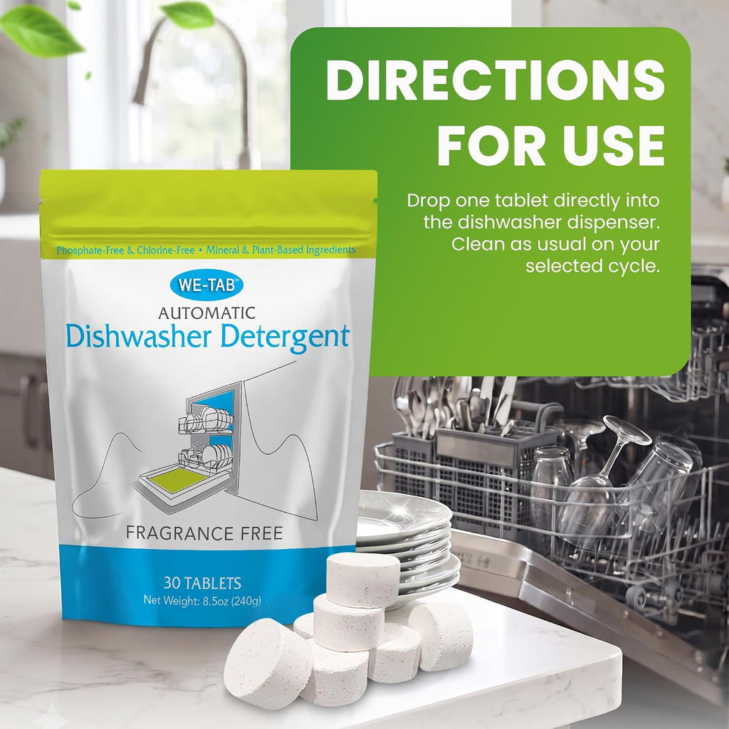 Automatic Dishwasher Detergent Tablets, 30 Count – Fragrance-Free, Plant-Based & Mineral Dishwashing Pods, Phosphate