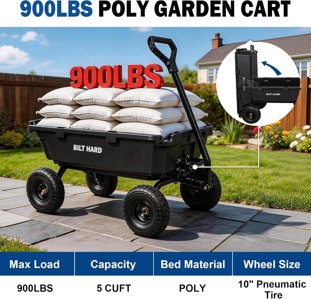 900 lbs Poly Garden Dump Cart, 5 Cu.Ft Wheelbarrow Cart with 10" All Terrain Wheels & Quick-Release System, Heavy