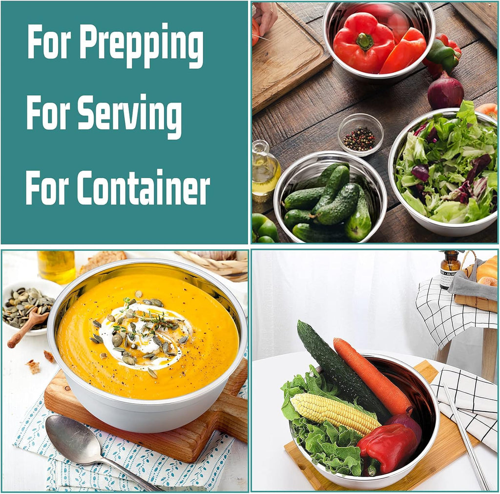 Mixing Bowls With Lids, Set of 6, Stainless Steel Nesting Mixing Bowls & Fitting Lids & Non-Slip Silicone Bottom